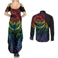 New Zealand Pride Couples Matching Summer Maxi Dress and Long Sleeve Button Shirt Takatapui Rainbow Fern LT7 - Polynesian Pride
