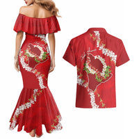 Hawaii Island Flowers Lei Couples Matching Mermaid Dress and Hawaiian Shirt Ohia Lehua Scarlet Red LT7 - Polynesian Pride