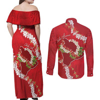 Hawaii Island Flowers Lei Couples Matching Off Shoulder Maxi Dress and Long Sleeve Button Shirt Ohia Lehua Scarlet Red LT7 - Polynesian Pride