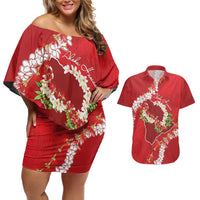 Hawaii Island Flowers Lei Couples Matching Off Shoulder Short Dress and Hawaiian Shirt Ohia Lehua Scarlet Red LT7 Red - Polynesian Pride