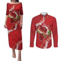 Hawaii Island Flowers Lei Couples Matching Puletasi and Long Sleeve Button Shirt Ohia Lehua Scarlet Red LT7 Red - Polynesian Pride