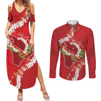 Hawaii Island Flowers Lei Couples Matching Summer Maxi Dress and Long Sleeve Button Shirt Ohia Lehua Scarlet Red LT7 Red - Polynesian Pride