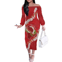 Hawaii Island Flowers Lei Family Matching Off The Shoulder Long Sleeve Dress and Hawaiian Shirt Ohia Lehua Scarlet Red LT7 Mom's Dress Red - Polynesian Pride