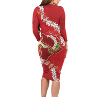 Hawaii Island Flowers Lei Long Sleeve Bodycon Dress Ohia Lehua Scarlet Red