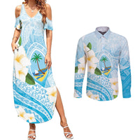 Guam Chamorro Guasali Flowers Couples Matching Summer Maxi Dress and Long Sleeve Button Shirt Aqua Gradient