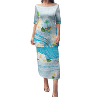 Guam Chamorro Guasali Flowers Puletasi Aqua Gradient LT7 Long Dress Aquamarine - Polynesian Pride