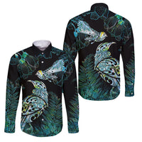 Aotearoa Maori Mahuru Family Matching Off The Shoulder Long Sleeve Dress and Hawaiian Shirt Spring Time - Paua Shell Green LT7 Dad's Shirt - Long Sleeve Black - Polynesian Pride