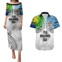 Personalised Malampa Fiji Day Couples Matching Puletasi Dress and Hawaiian Shirt Gradient Style LT7 White - Polynesian Pride