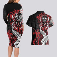 Aotearoa Toitu Te Tiriti Couples Matching Long Sleeve Bodycon Dress and Hawaiian Shirt Whakairo Wheku