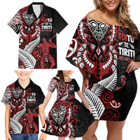 Aotearoa Toitu Te Tiriti Family Matching Off Shoulder Short Dress and Hawaiian Shirt Whakairo Wheku