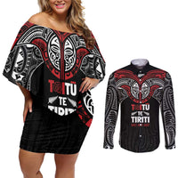 Aotearoa Maori Personalized Couples Matching Off Shoulder Short Dress and Long Sleeve Button Shirt Toitu Te Tiriti Ake! Ake! Ake!