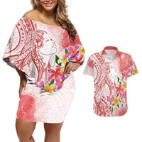 Polynesian Women's Day Wahine Couples Matching Off Shoulder Short Dress and Hawaiian Shirt Plumeria Marble Glaze - Pink LT7 Pink - Polynesian Pride