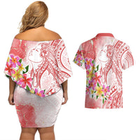 Polynesian Women's Day Wahine Couples Matching Off Shoulder Short Dress and Hawaiian Shirt Plumeria Marble Glaze - Pink LT7 - Polynesian Pride