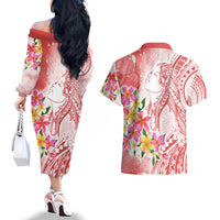 Polynesian Women's Day Wahine Couples Matching Off The Shoulder Long Sleeve Dress and Hawaiian Shirt Plumeria Marble Glaze - Pink LT7 - Polynesian Pride