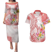 Polynesian Women's Day Wahine Couples Matching Puletasi and Hawaiian Shirt Plumeria Marble Glaze - Pink LT7 Pink - Polynesian Pride