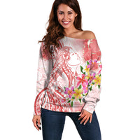 Polynesian Women's Day Wahine Off Shoulder Sweater Plumeria Marble Glaze - Pink LT7 Women Pink - Polynesian Pride