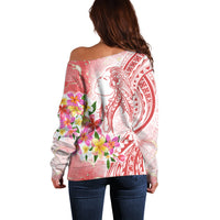 Polynesian Women's Day Wahine Off Shoulder Sweater Plumeria Marble Glaze - Pink LT7 - Polynesian Pride
