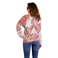Polynesian Women's Day Wahine Off Shoulder Sweater Plumeria Marble Glaze - Pink LT7 - Polynesian Pride