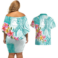 Polynesian Women's Day Wahine Couples Matching Off Shoulder Short Dress and Hawaiian Shirt Plumeria Marble Glaze - Teal LT7 - Polynesian Pride