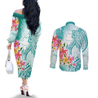 Polynesian Women's Day Wahine Couples Matching Off The Shoulder Long Sleeve Dress and Long Sleeve Button Shirt Plumeria Marble Glaze - Teal LT7 - Polynesian Pride