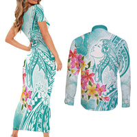 Polynesian Women's Day Wahine Couples Matching Short Sleeve Bodycon Dress and Long Sleeve Button Shirt Plumeria Marble Glaze - Teal LT7 - Polynesian Pride