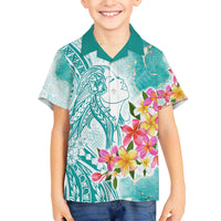 Polynesian Women's Day Wahine Family Matching Puletasi and Hawaiian Shirt Plumeria Marble Glaze - Teal LT7 Son's Shirt Teal - Polynesian Pride