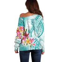 Polynesian Women's Day Wahine Off Shoulder Sweater Plumeria Marble Glaze - Teal LT7 - Polynesian Pride