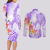 Polynesian Women's Day Wahine Couples Matching Long Sleeve Bodycon Dress and Long Sleeve Button Shirt Plumeria Marble Glaze - Purple LT7 - Polynesian Pride