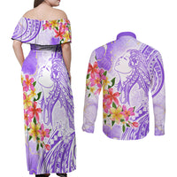 Polynesian Women's Day Wahine Couples Matching Off Shoulder Maxi Dress and Long Sleeve Button Shirt Plumeria Marble Glaze - Purple LT7 - Polynesian Pride