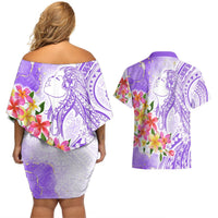 Polynesian Women's Day Wahine Couples Matching Off Shoulder Short Dress and Hawaiian Shirt Plumeria Marble Glaze - Purple LT7 - Polynesian Pride