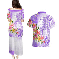 Polynesian Women's Day Wahine Couples Matching Puletasi and Hawaiian Shirt Plumeria Marble Glaze - Purple LT7 - Polynesian Pride