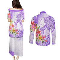 Polynesian Women's Day Wahine Couples Matching Puletasi and Long Sleeve Button Shirt Plumeria Marble Glaze - Purple LT7 - Polynesian Pride