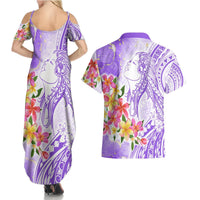 Polynesian Women's Day Wahine Couples Matching Summer Maxi Dress and Hawaiian Shirt Plumeria Marble Glaze - Purple LT7 - Polynesian Pride