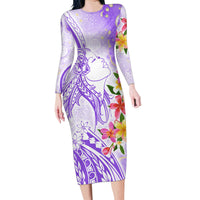Polynesian Women's Day Wahine Family Matching Long Sleeve Bodycon Dress and Hawaiian Shirt Plumeria Marble Glaze - Purple LT7 Mom's Dress Purple - Polynesian Pride