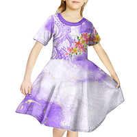 Polynesian Women's Day Wahine Kid Short Sleeve Dress Plumeria Marble Glaze - Purple LT7 - Polynesian Pride