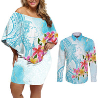 Polynesian Women's Day Wahine Couples Matching Off Shoulder Short Dress and Long Sleeve Button Shirt Plumeria Marble Glaze - Turquoise LT7 Turquoise - Polynesian Pride