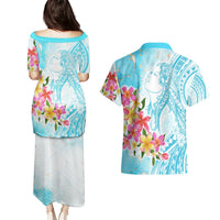 Polynesian Women's Day Wahine Couples Matching Puletasi and Hawaiian Shirt Plumeria Marble Glaze - Turquoise LT7 - Polynesian Pride