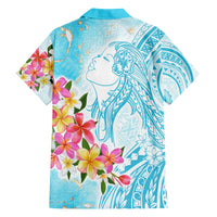 Polynesian Women's Day Wahine Family Matching Long Sleeve Bodycon Dress and Hawaiian Shirt Plumeria Marble Glaze - Turquoise LT7 - Polynesian Pride