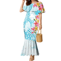 Polynesian Women's Day Wahine Family Matching Mermaid Dress and Hawaiian Shirt Plumeria Marble Glaze - Turquoise LT7 Mom's Dress Turquoise - Polynesian Pride