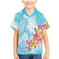 Polynesian Women's Day Wahine Family Matching Mermaid Dress and Hawaiian Shirt Plumeria Marble Glaze - Turquoise LT7 Son's Shirt Turquoise - Polynesian Pride