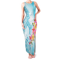 Polynesian Women's Day Wahine Family Matching Tank Maxi Dress and Hawaiian Shirt Plumeria Marble Glaze - Turquoise LT7 Mom's Dress Turquoise - Polynesian Pride