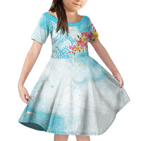Polynesian Women's Day Wahine Kid Short Sleeve Dress Plumeria Marble Glaze - Turquoise LT7 KID Turquoise - Polynesian Pride