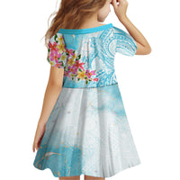 Polynesian Women's Day Wahine Kid Short Sleeve Dress Plumeria Marble Glaze - Turquoise LT7 - Polynesian Pride