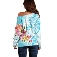 Polynesian Women's Day Wahine Off Shoulder Sweater Plumeria Marble Glaze - Turquoise LT7 - Polynesian Pride