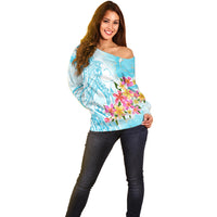 Polynesian Women's Day Wahine Off Shoulder Sweater Plumeria Marble Glaze - Turquoise LT7 - Polynesian Pride