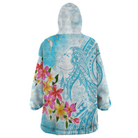 Polynesian Women's Day Wahine Wearable Blanket Hoodie Plumeria Marble Glaze - Turquoise LT7 - Polynesian Pride