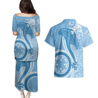 Micronesia FSM Couples Matching Puletasi and Hawaiian Shirt Shark and Manta Classic Style