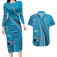 Pasifika Women's Day - Samoa Siapo Malu Tattoo Inspired Couples Matching Long Sleeve Bodycon Dress and Hawaiian Shirt Turquoise