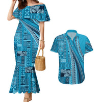 Pasifika Women's Day - Samoa Siapo Malu Tattoo Inspired Couples Matching Mermaid Dress and Hawaiian Shirt Turquoise