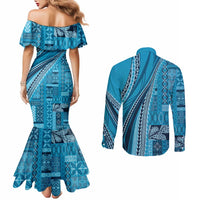 Pasifika Women's Day - Samoa Siapo Malu Tattoo Inspired Couples Matching Mermaid Dress and Long Sleeve Button Shirt Turquoise